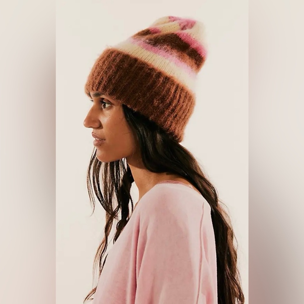 NEW Free People The Groove Stripe Beanie in Candy Stripe Brown Pink Cream Hat
